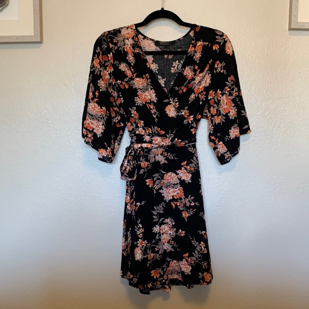Black floral wrap dress